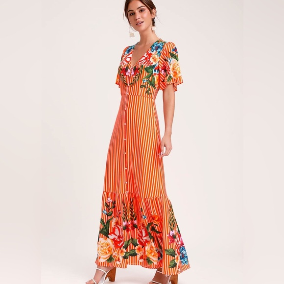 Lulus Dresses & Skirts - Lulus Roam the Riviera Orange Multi Striped Button-Up Maxi Dress Size XS